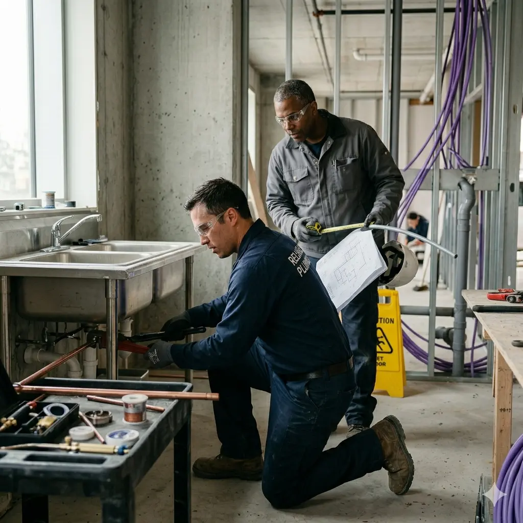 Plumber working on pipe repair for residential plumbing service